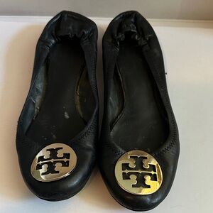 Tory Burch Black Flats with Gold Emblem